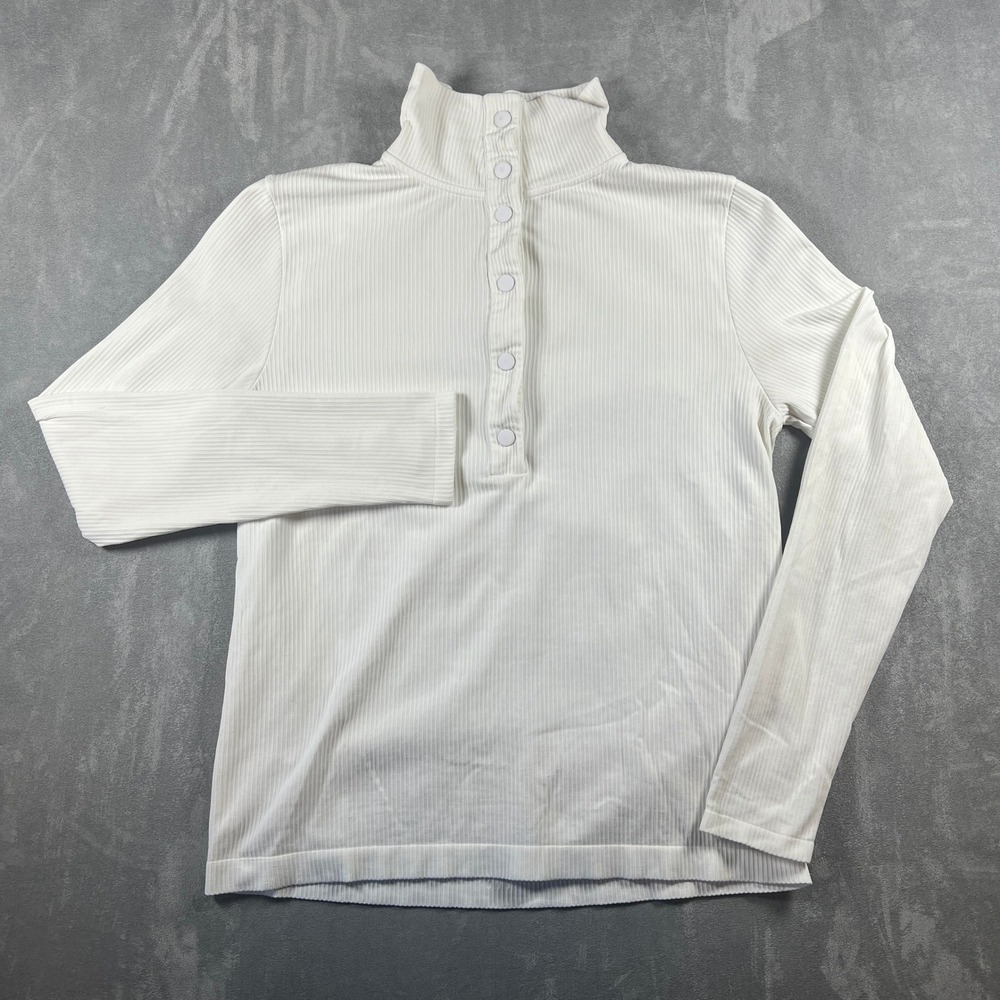 Athleta White Ribbed Snap Neck Long Sleeve Top Mock Neck Seamless Size L